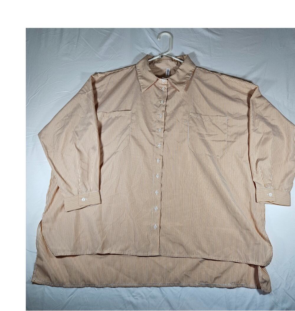 Zenana Striped Button Down Shirt Tan White Plus Size 3X